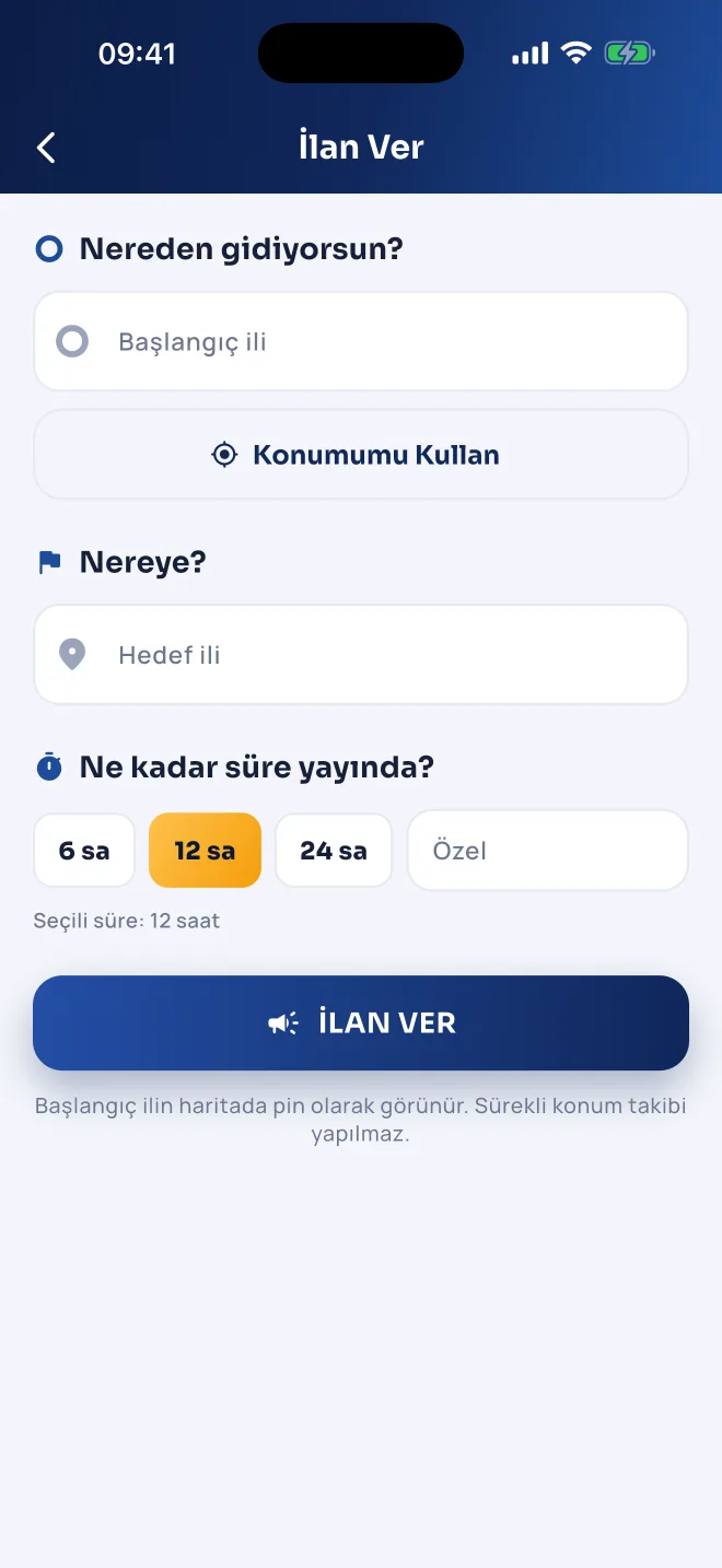 Carnettır uygulamasında İlan Ver ekranı: başlangıç ili, hedef ili ve ilan süresi seçimi